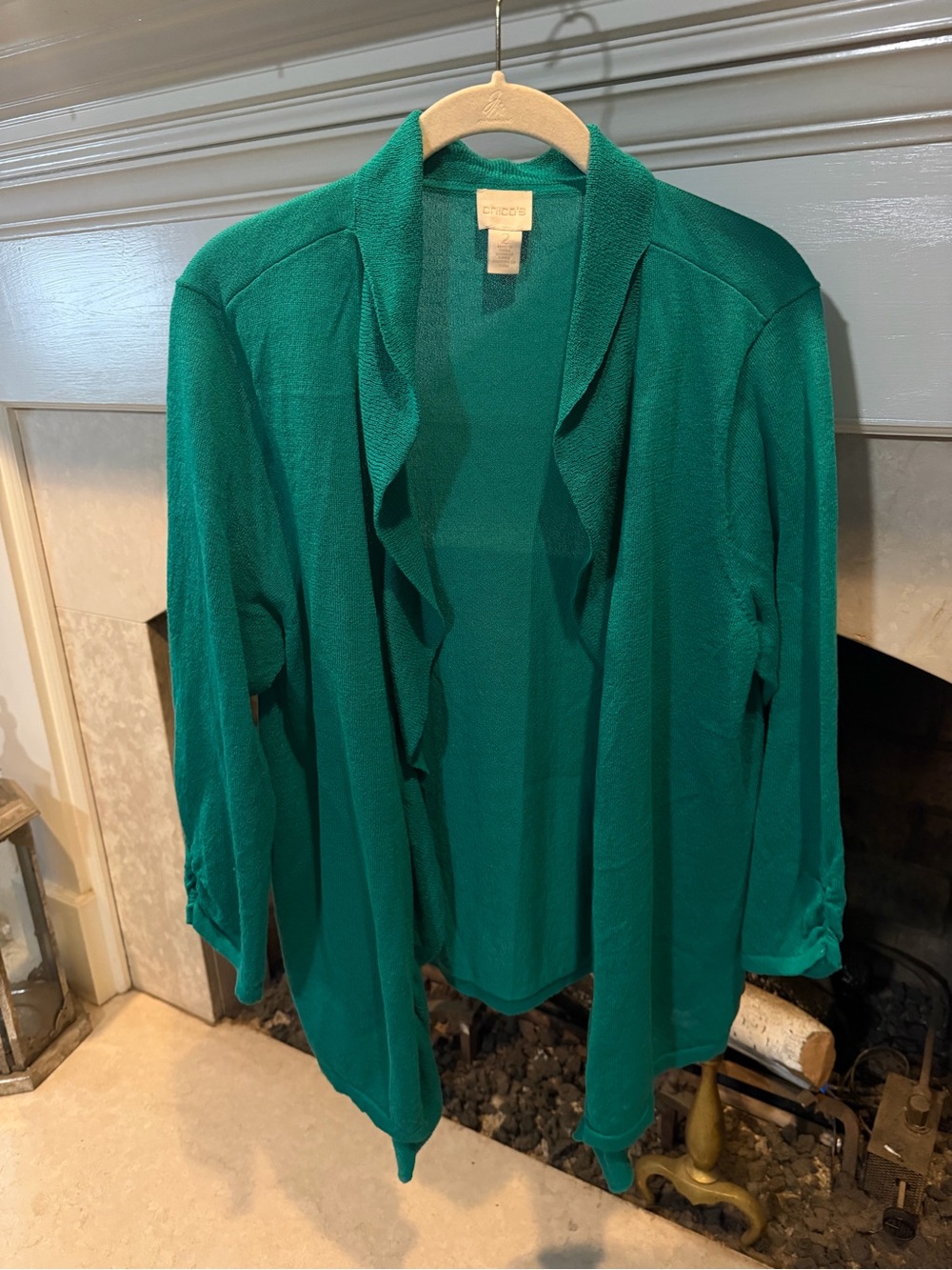 Chico's Teal Green Ruffle-Front Open Cardigan size large